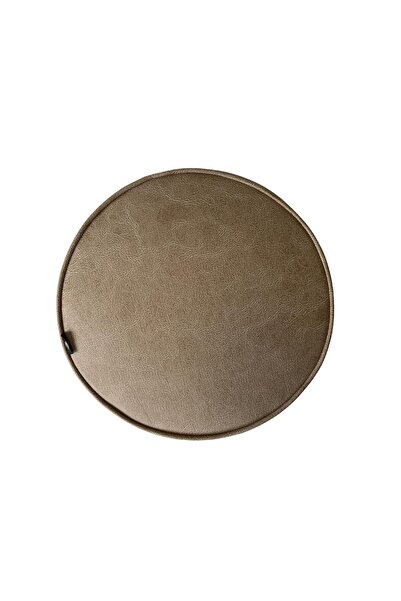 Home Bej Deri Görünümlü Ahşap Ayaklı Yuvarlak Puf | Modern Vintage Oturma Taburesi