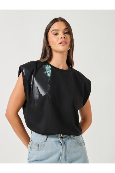 Styli Graphic Print Padded Shoulder Sleeveless T-Shirt