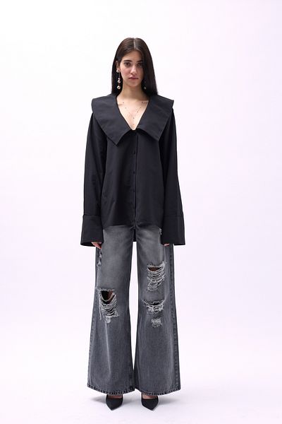 Black Fashion Cămașă neagră cu mânecă volantă cu guler larg