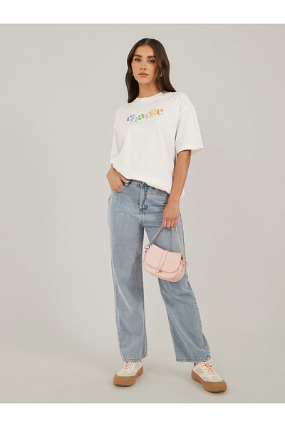 Styli Slogan Print Round Neck Oversized T-Shirt