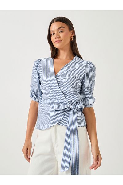 Styli Striped Puff Sleeve Wrap Top