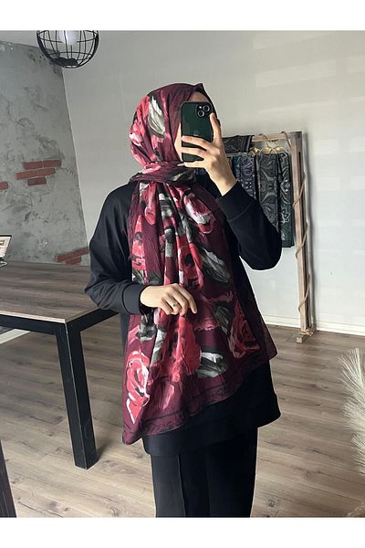 Merwiss Rose Pattern Kraş Shawl Burgundy