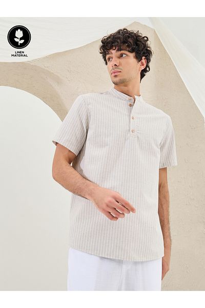 Styli Striped Relaxed Fit Mandarin Collar Shirt