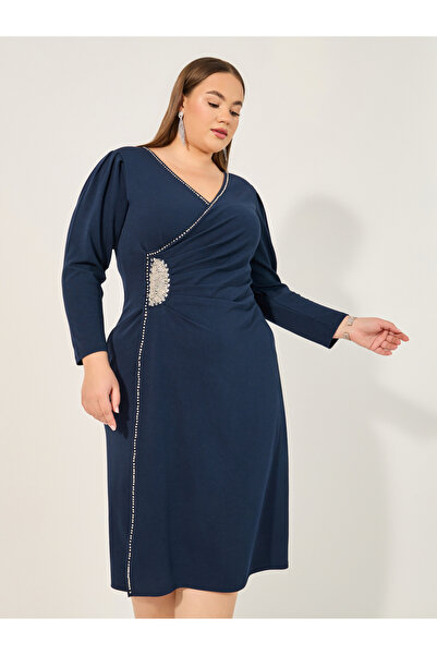 Styli Plus Size Embellished Wrap Look Sheath Midi Dress