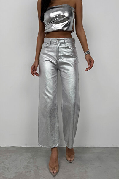 Black Fashion High Waist Metallic Silver Trousers