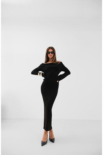 Black Fashion Black Maxi Knitwear Dress - Shoulder Low-Cut