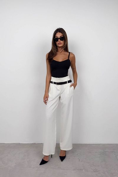 Black Fashion Belt Detail White High Waist Trousers