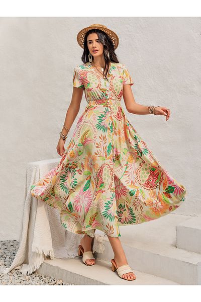 Russty Dustty By Styli Floral Print0ed V-Neck Short Sleeve Dress