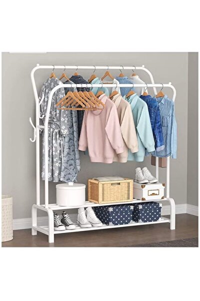 COOYA Clothes Organizer and Holder, Metal, Sturdy, 2 in 1 Design (White with Two Shelves)