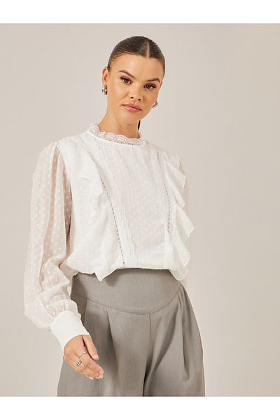 Styli Dobby Ruffled Balloon Sleeves Blouse with Lace Insert