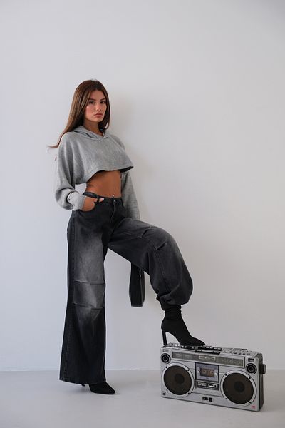 Black Fashion Gray Crop Hooded Sweater