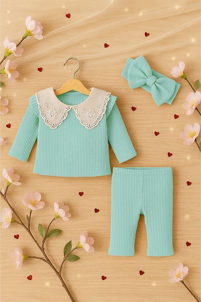 ADABEBEK Lace Collar Detailed Ribbed Bandana Baby Girl Set
