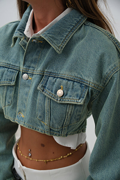 Black Fashion Jachetă de blugi crop căptușită bleumarin