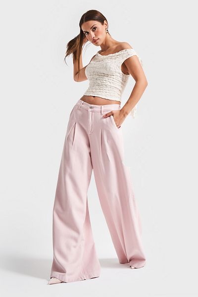 its basic Blugi de damă, culoare roz, 6s5-98 Palazzo Fit, cu tăietură largi, plisate, 100% bumbac