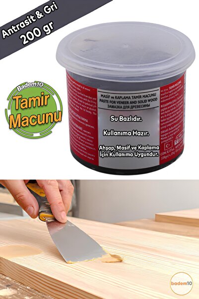 Badem10 Ahşap Parke Tamir Macunu Gri Antrasit Mobilya Dolgu Çatlak Çizik Tamir Dolgusu Masif Kaplama 200 Gr