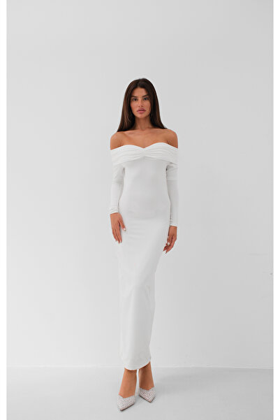 Black Fashion Ecru Maxi Dress - Boat Neck and Gather Detailed