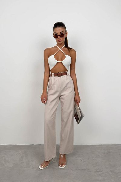 Black Fashion Stone Color Palazzo Belted Trousers
