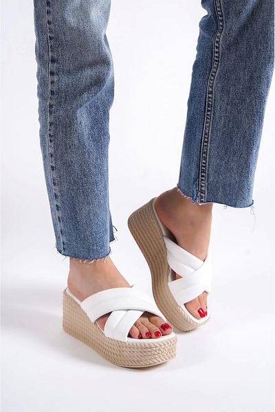 Ramer Joymix Orthopedic Straw Look Wedge Heeled Γυναικείες Παντόφλες - Λευκό