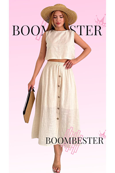 BoomBester Women's Buttoned Linen Flam Long Skirt - Lined Summer Comfortable
