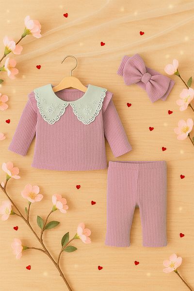 ADABEBEK Lace Collar Detailed Ribbed Bandana Baby Girl Set