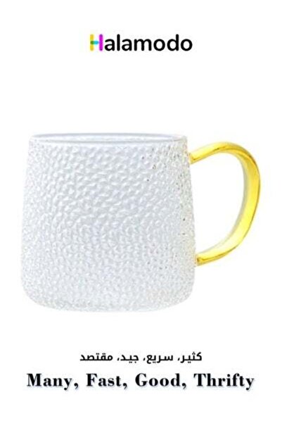 HALAMODO كوب زجاجي مطروق بمقبض ذهبي، سعة 300 مل، كوب حليب شفاف