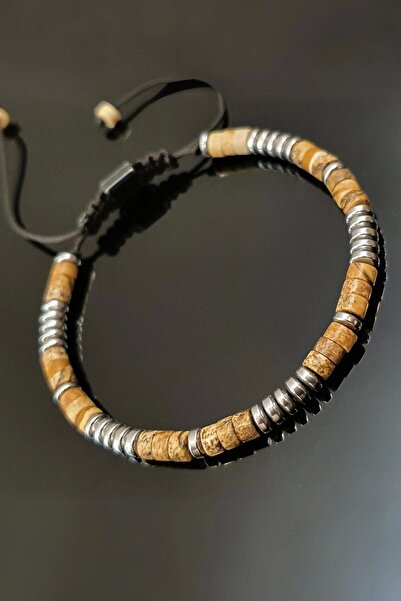 Seven Art Jewelry سوار من الحجر الطبيعي / جاسبر وهيماتيت مكرامية / قابل للتعد...