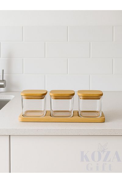 keyfisepet en keyifli sepet Set of 3 Glass Jars with Wooden Lid and Bamboo Stand Spice Nuts Storage Container Minimalist