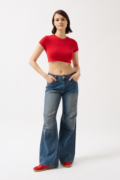 Black Fashion Lycra Basic Crop Red T-Shirt