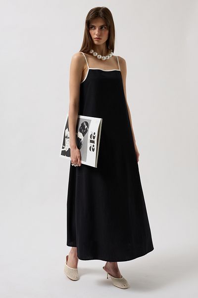 Black Fashion Stripe Detail Linen Maxi Black Dress