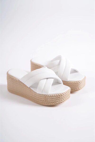 kemalacar Joymix Wedge Heeled Orthopedic Sole Straw Look Women's Slippers Kt - White