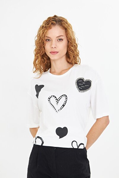 TIFFANY&TOMATO Çoklu Kalp Baskılı Taşlı T-Shirt