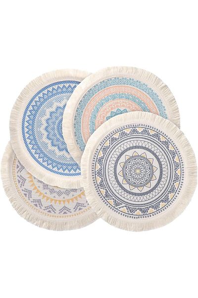 COOYA 4Pcs Round Cotton Place mats, Washable, Boho Woven, Heat Proof for Dining Wedding Home Decoration