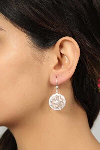 Midyat Gümüş Dünyası Kadın Beyaz Yuvarlak Model Telkari Gümüş Küpe 2020096