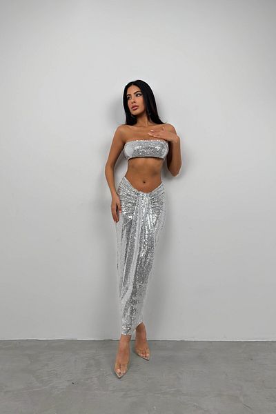 Black Fashion Σετ στράπλες με παγιέτες ασημί Crop φούστα