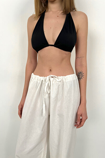 Black Fashion White Tunnel Detailed Voile Trousers