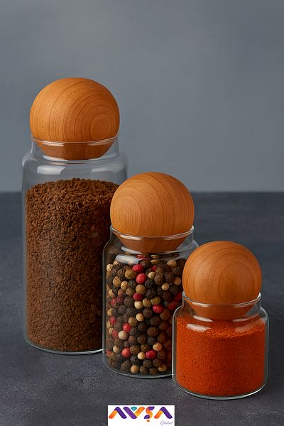 AVŞA Global 3-Piece Glass Jar Set with Wooden Ball Lid Sugar Bowl Snack Bowl Spice Bowl and Storage Container