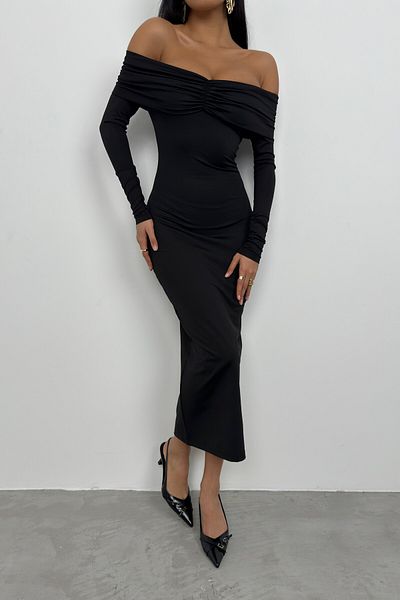 Black Fashion Rochie maxi neagră - Decolteu barcă și detaliu cu șnur