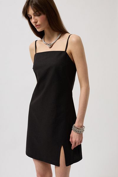 Black Fashion Linen Mini Black Dress with Rope Strap Slit Detail