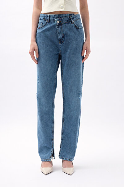 Black Fashion Blugi albaștri cu picior rupt asimetric cu laser