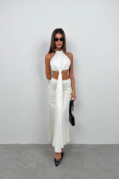 Black Fashion Fusta A-line din satin ecru