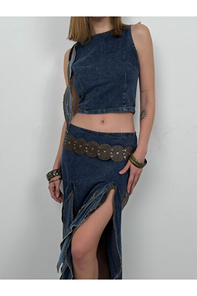 Black Fashion Fırfırlı Koyu Mavi Kot Etek