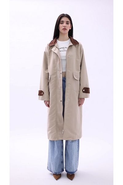 Black Fashion Trench oversize bej cu detaliu guler