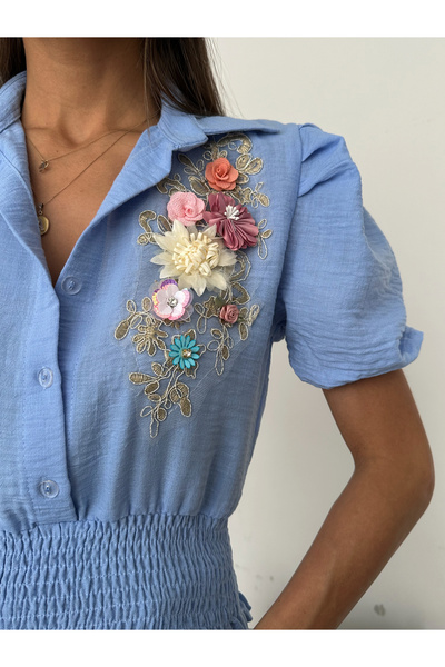 Miss Allos Cămașă cu mânecă scurtă pentru femei, cu imprimeu floral în față și cu talie