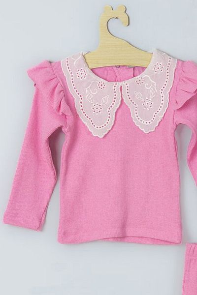 ADABEBEK Lace Collar Detailed Ribbed Bandana Baby Girl Set