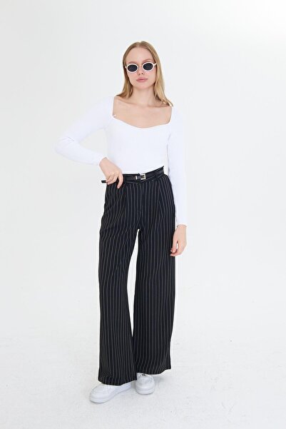 TIFFANY&TOMATO Kemerli Çizgili Poliviskon Pantolon