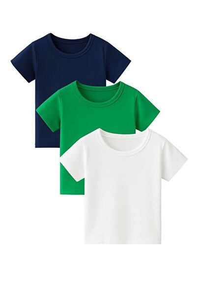 MORNİNG KİDS Αγόρια-Κορίτσια 3 Πακέτο Πράσινο-Λευκό-Μπλε Ναυτικό Πλήρωμα Λαιμ...