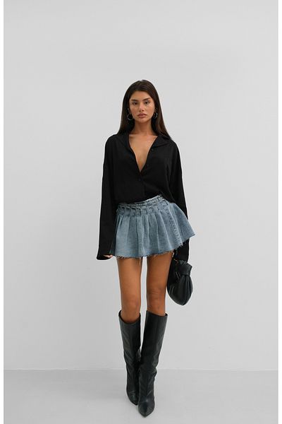 Black Fashion Detaliu cusături Fusta din denim plisată albastru deschis