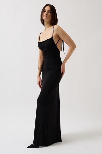 Black Fashion Lacing Detail Degaje Collar Maxi Black Dress