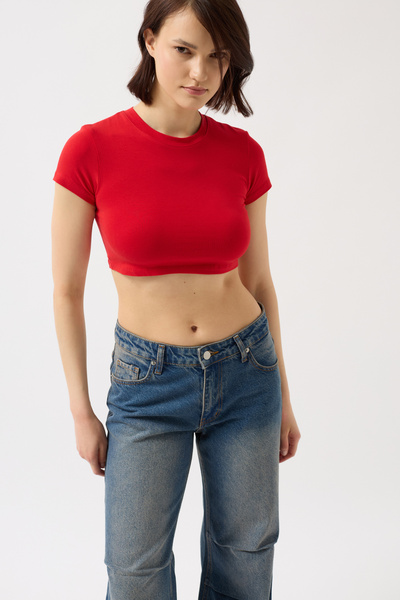 Black Fashion Lycra Basic Crop Red T-Shirt