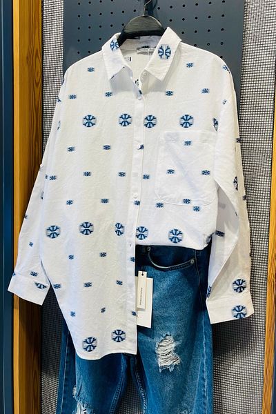 FEMELLE Cămașă supradimensionată din jacquard alb pentru femei, 100% bumbac (cumpărați o mărime mai mică)